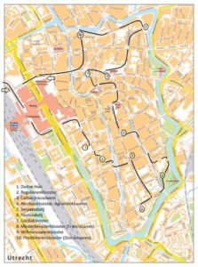 Kaart van de binnenstad van Utrecht met route langs verdwenen kloosters