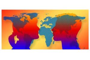 Gestileerde gezichten op wereldkaart - Logo Huiskamer van Dominicus